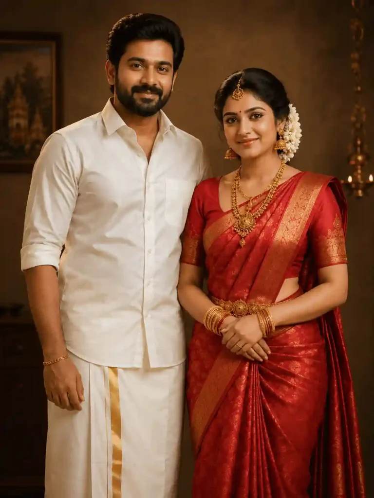 premium cultural couple portrait.webp Premium South Indian cultural couple portrait with red saree and jasmine hair