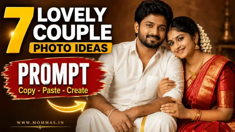 South Indian couple studio portrait with red silk saree, mundu, gold jewelry, and jasmine hair