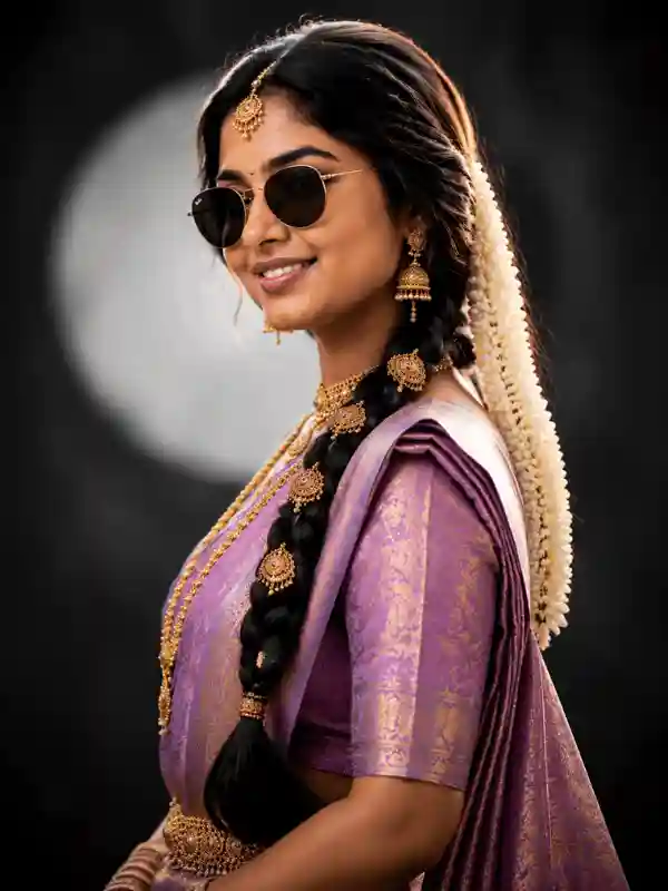 prompt for gemini ai girlfriend saree sunglasses portrait dark 4.webp Girl in lavender saree with sunglasses portrait created using prompt for gemini ai girlfriend