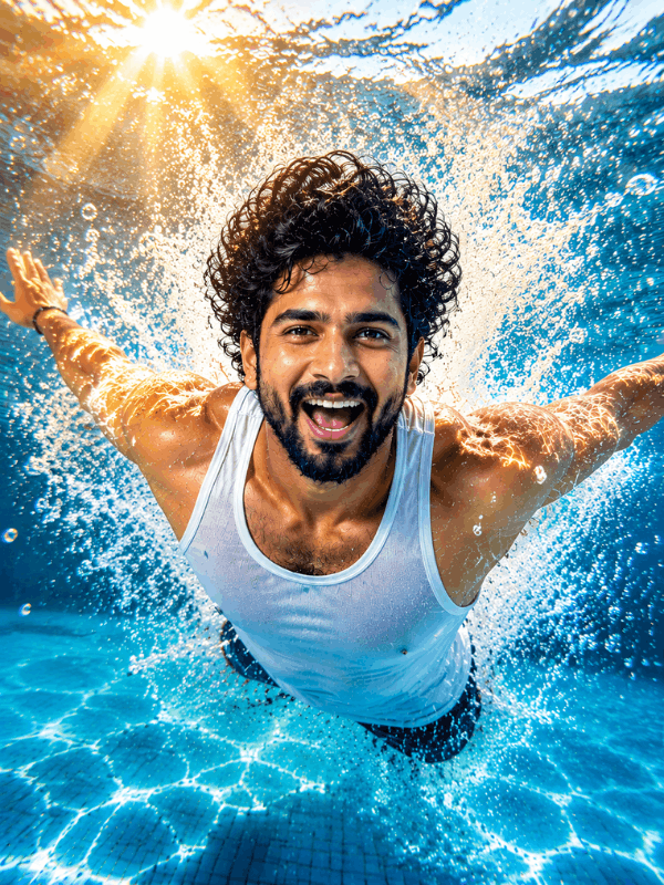 prompts for gemini ai underwater swimming 2.webp Smiling man swimming underwater with bubbles and light rays, prompts for gemini ai style