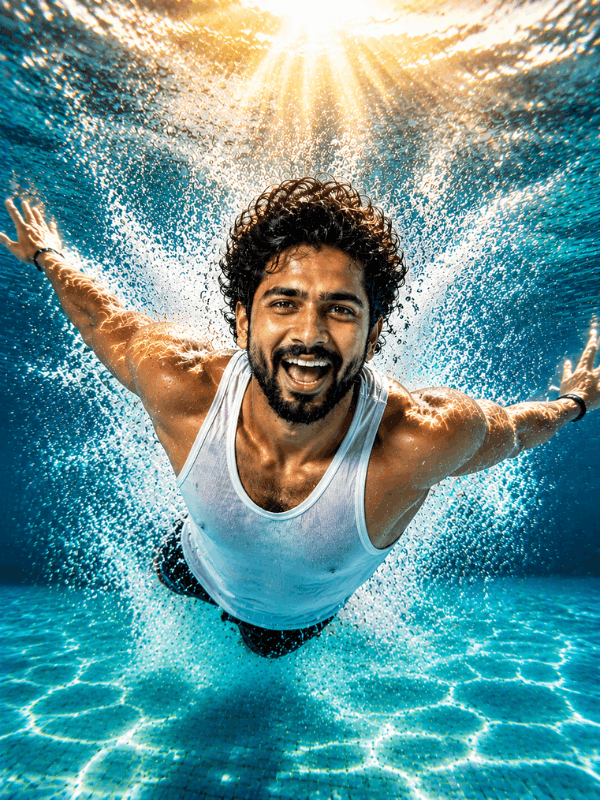 prompts for gemini ai underwater swimming 3.webp Energetic underwater swimmer with arms extended, cinematic prompts for gemini ai visual