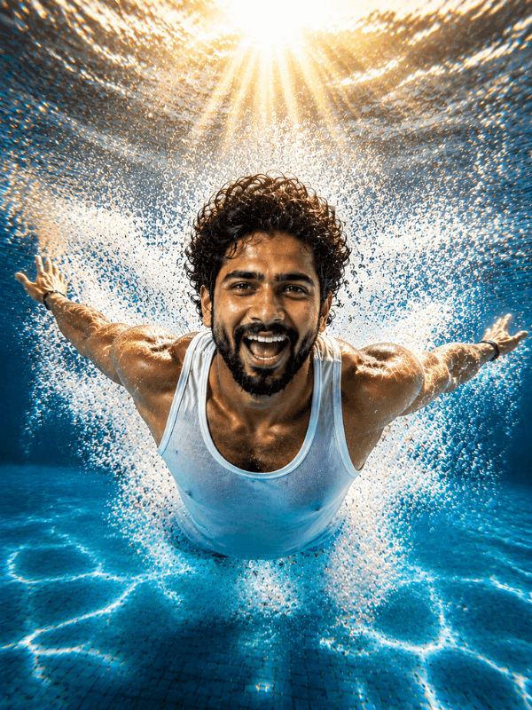prompts for gemini ai underwater swimming 4.webp Close-up underwater swimmer smiling with bubbles and sunlight, prompts for gemini ai