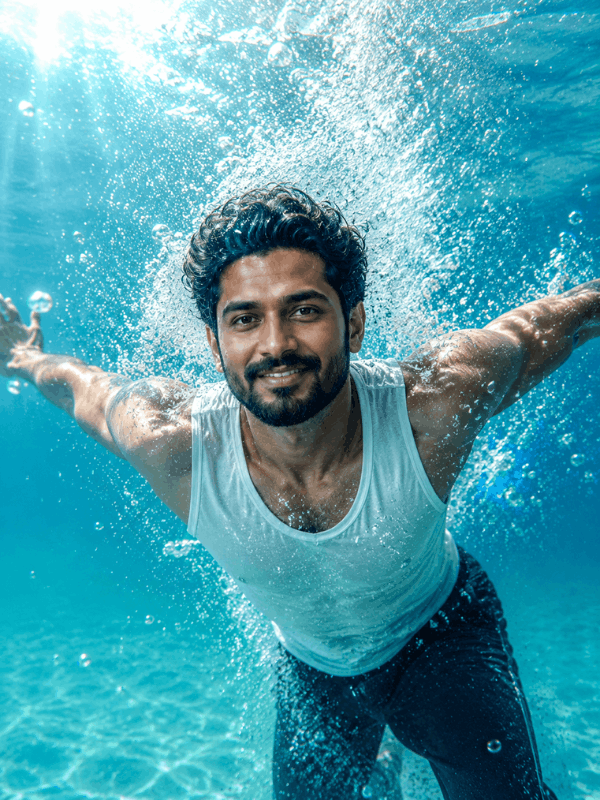 prompts for gemini ai underwater swimming 5.webp Man swimming underwater with confident expression, cinematic prompts for gemini ai style