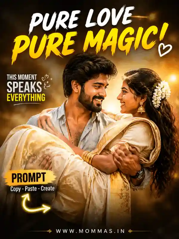 pure love pure magic couple ai photo prompt.webp Romantic couple in emotional embrace with golden cinematic lighting and wedding aesthetic