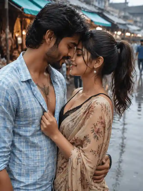 rainy market romance couple prompt.webp Romantic South Asian couple in a rainy outdoor market street