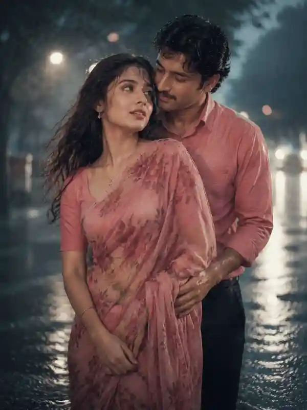 Retro rainy couple portrait with pink sari and cinematic Gemini AI photo style