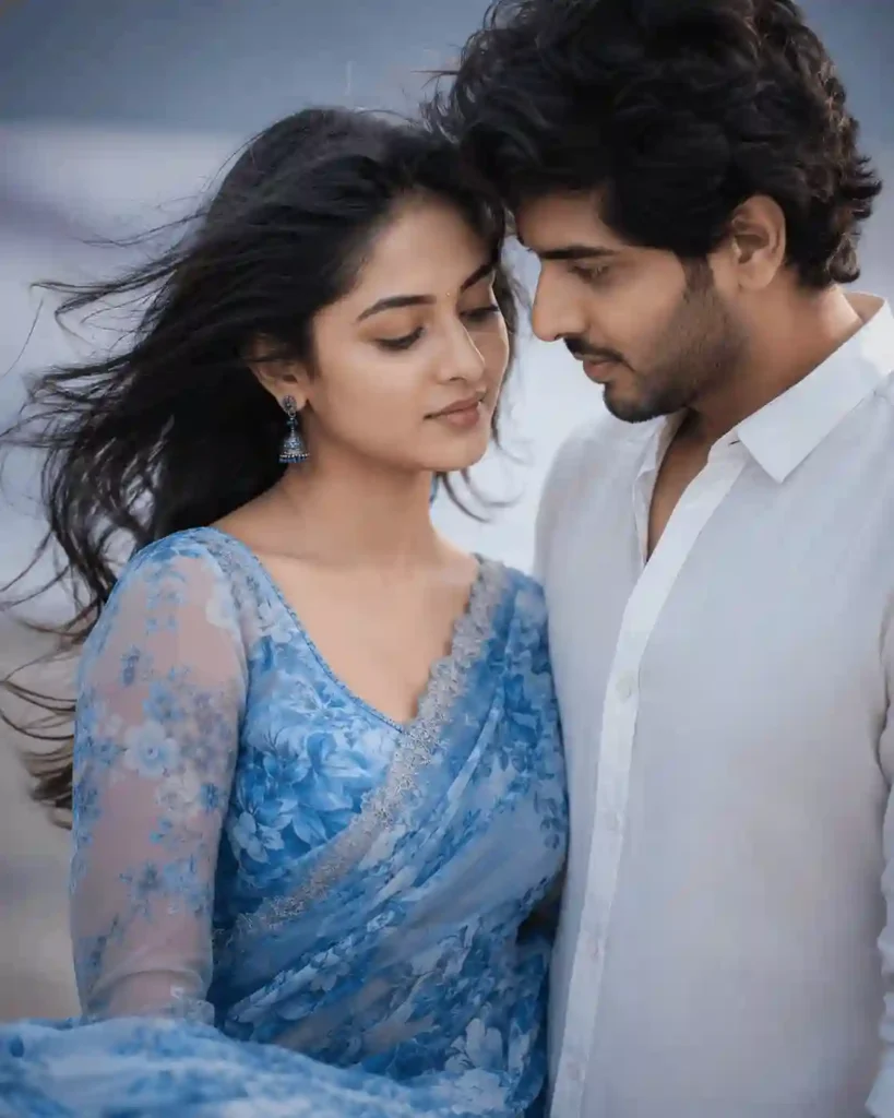 romantic close up couple gemini prompt.webp Close-up romantic couple portrait with blue floral saree and cinematic light
