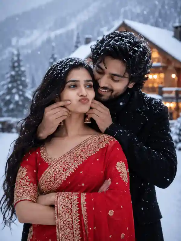 romantic couple ai prompt copy paste snow embrace 1.webp Romantic couple ai prompt copy and paste showing snowy emotional embrace