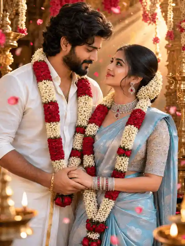 South Indian bride and groom romantic eye contact Gemini prompt