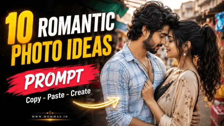 romantic gemini couple photo prompt text.webp Romantic South Asian couple standing forehead to forehead in a busy market street