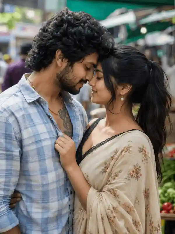 romantic market street couple prompt 1.webp 1 Romantic South Asian couple standing forehead to forehead in a market street