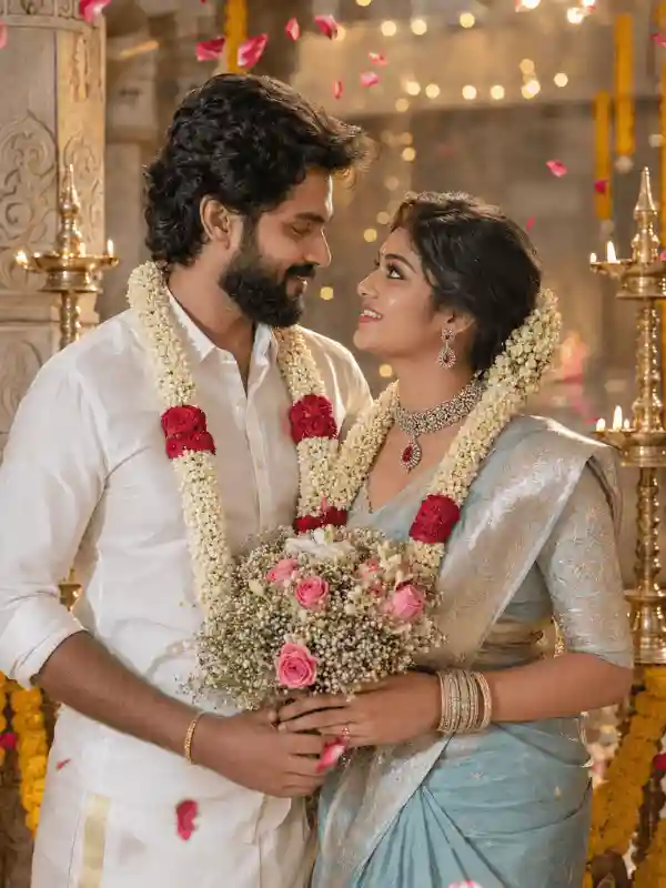 Romantic South Indian wedding couple holding rose bouquet AI prompt