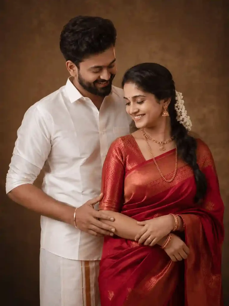 romantic traditional couple look.webp Romantic South Indian couple portrait with red saree and white mundu