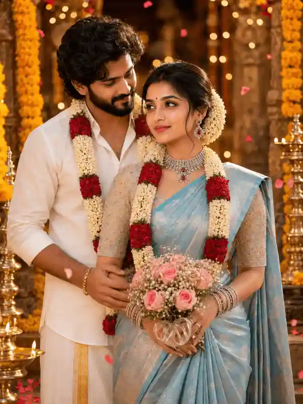 Romantic South Indian wedding album cover Gemini AI prompt