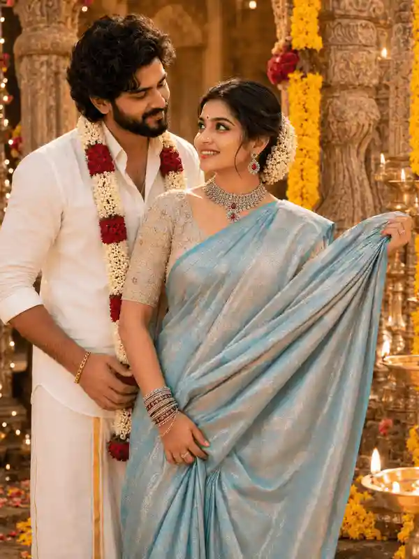 Royal South Indian bridal saree detail with groom Gemini prompt