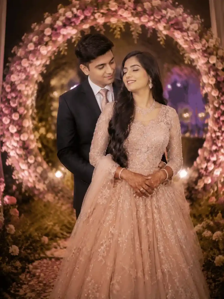 royal floral wedding couple gemini.webp Royal floral wedding couple prompt for Gemini with elegant gown and romantic lighting
