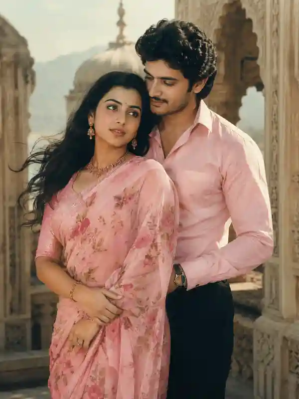 Royal retro couple portrait prompt with pink sari and elegant Gemini AI style