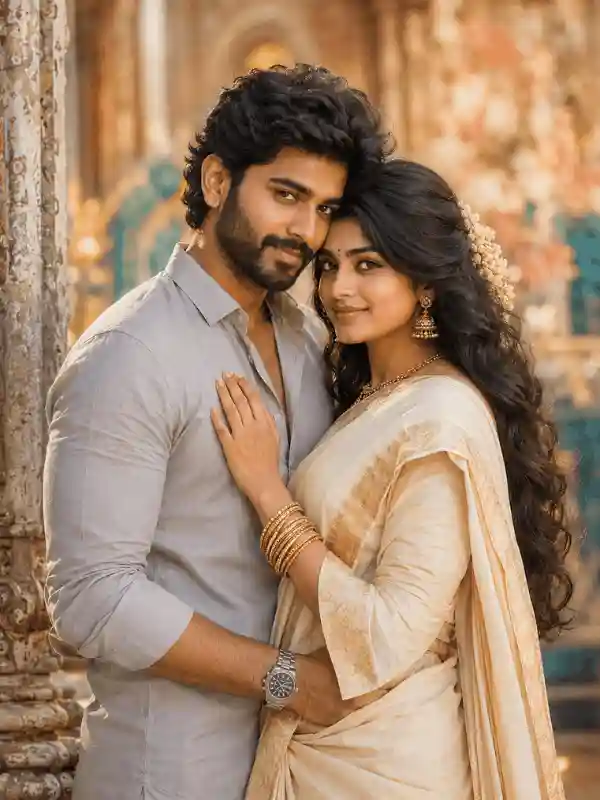 Royal South Indian saree romantic couple AI photo prompt