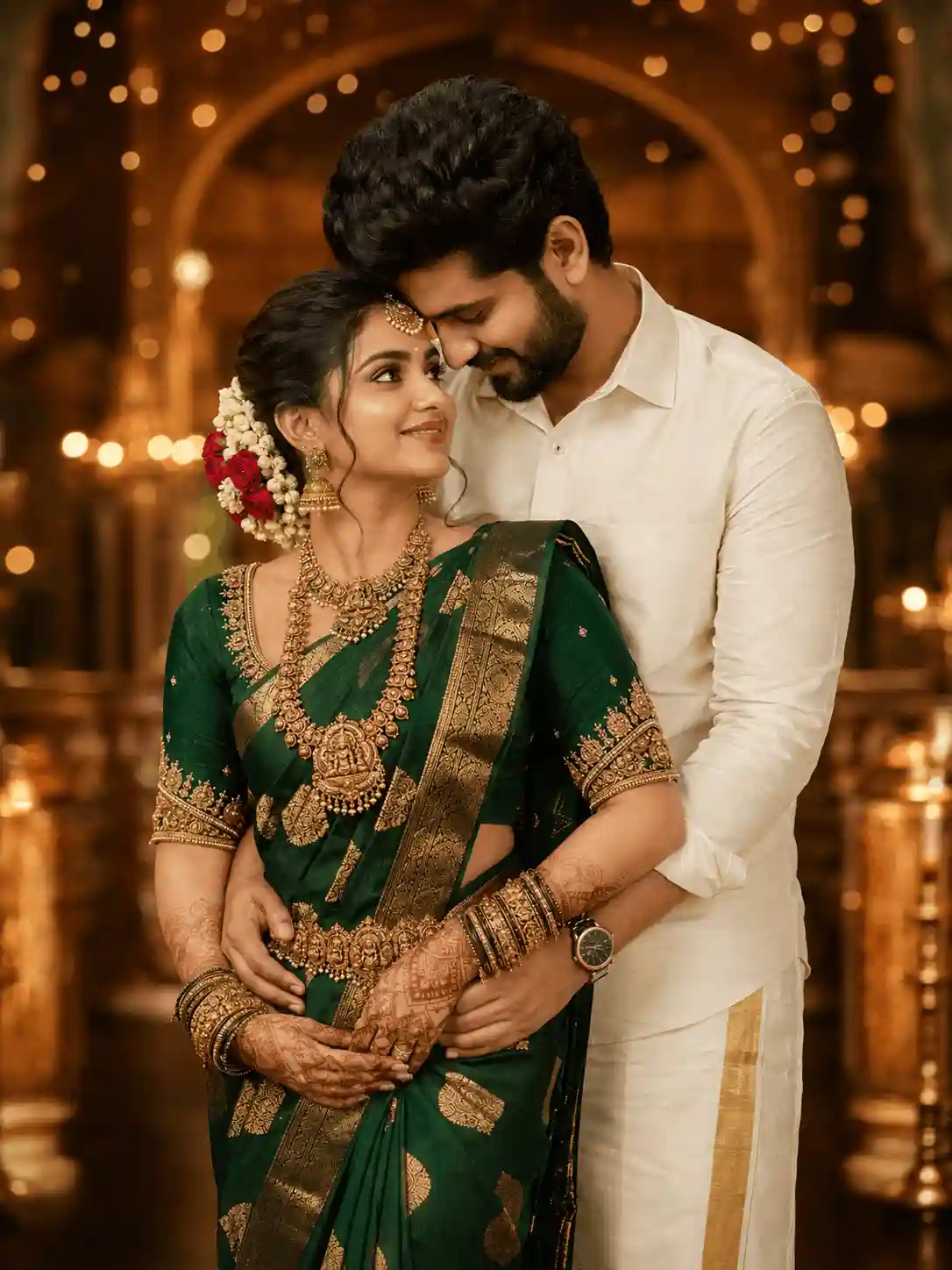 royal south indian pre wedding prompt.webp South Indian pre-wedding couple prompt with emerald saree and ivory kurta