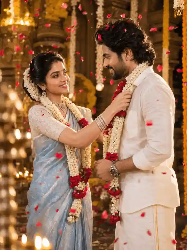 Royal South Indian wedding garland moment couple Gemini AI prompt