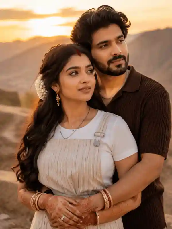 soft bokeh indian couple prompt.webp Soft bokeh Indian couple portrait with romantic golden hour lighting