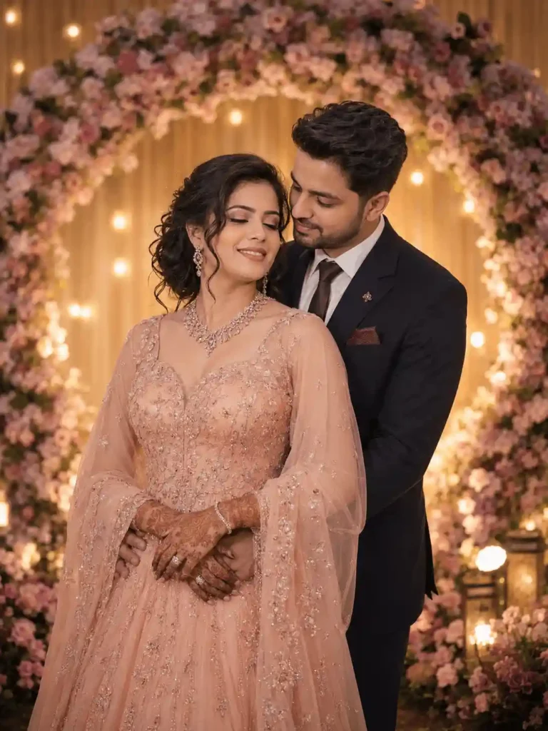 soft dreamy couple photoshoot gemini.webp Soft dreamy couple photoshoot prompt for Gemini with peach gown and floral arch