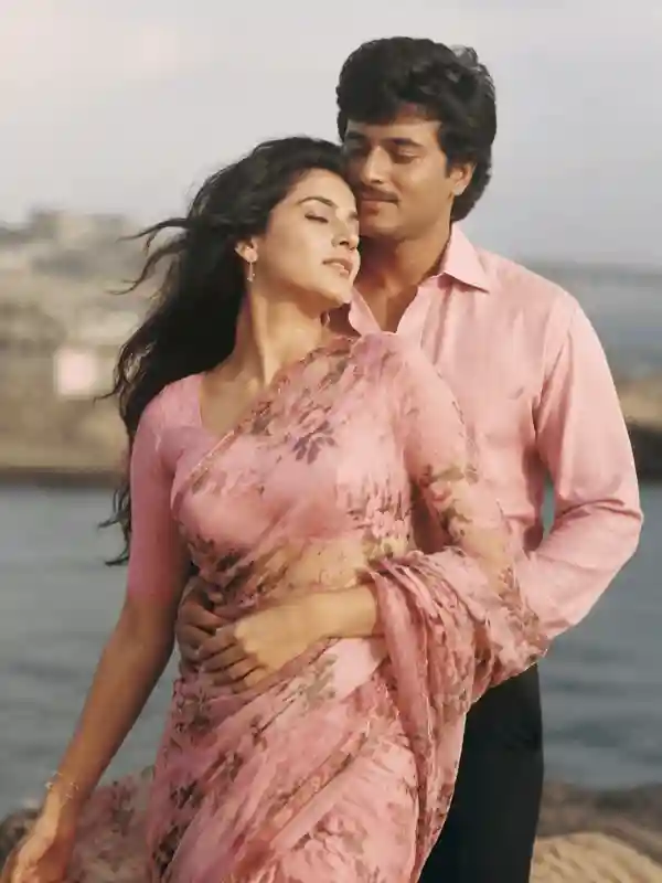 Retro Gemini AI couple portrait with pink floral sari and romantic pose