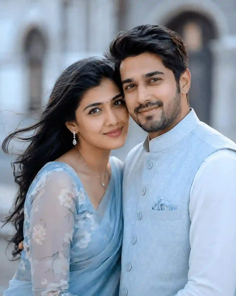 soft smile couple gemini photo.webp Smiling young couple portrait in blue-white cinematic style