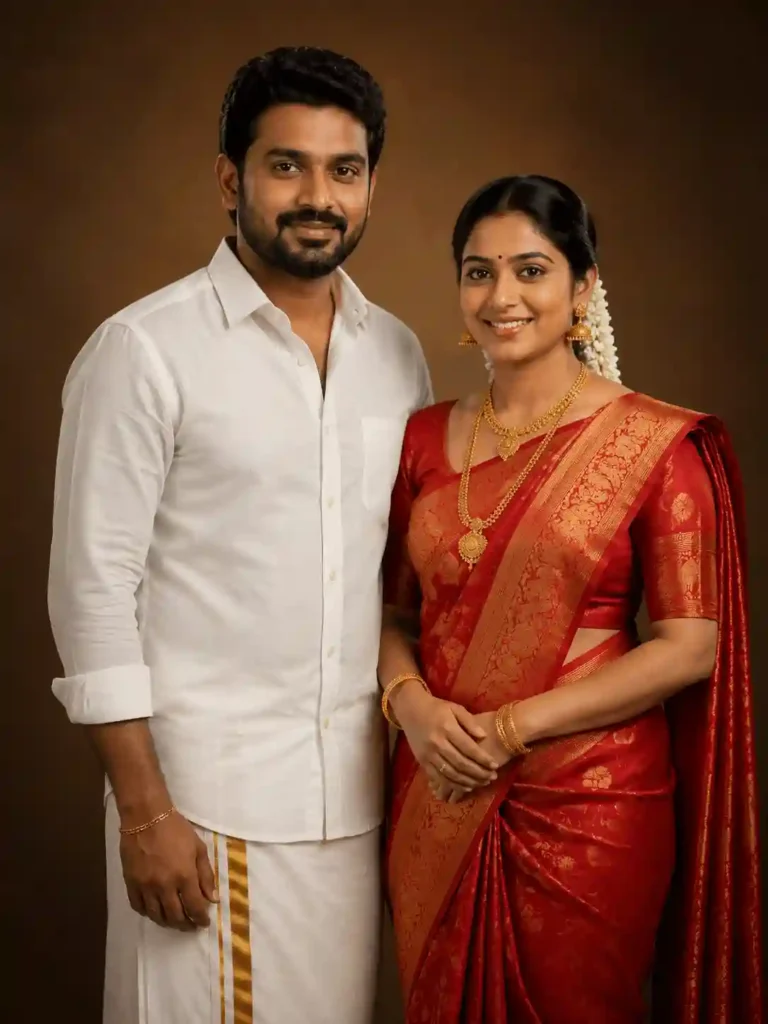 soft smile traditional couple.webp Soft smiling South Indian couple in traditional studio portrait