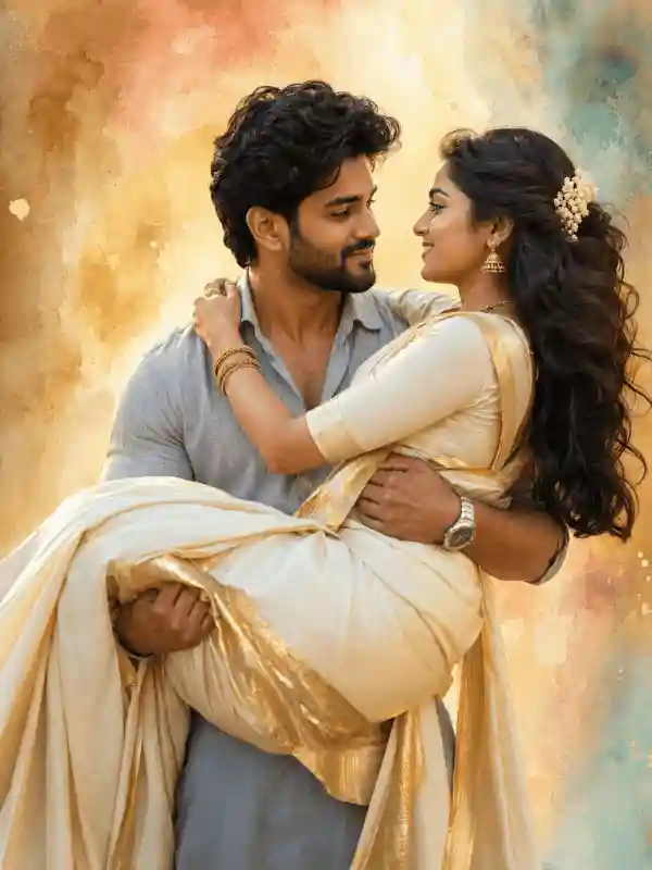 Soft watercolor South Indian romantic couple Gemini prompt