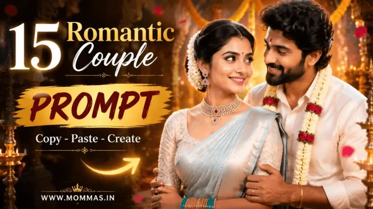 south indian romantic couple gemini prompt.webp South Indian romantic wedding couple Gemini AI prompt collage with bride and groom in luxury traditional style