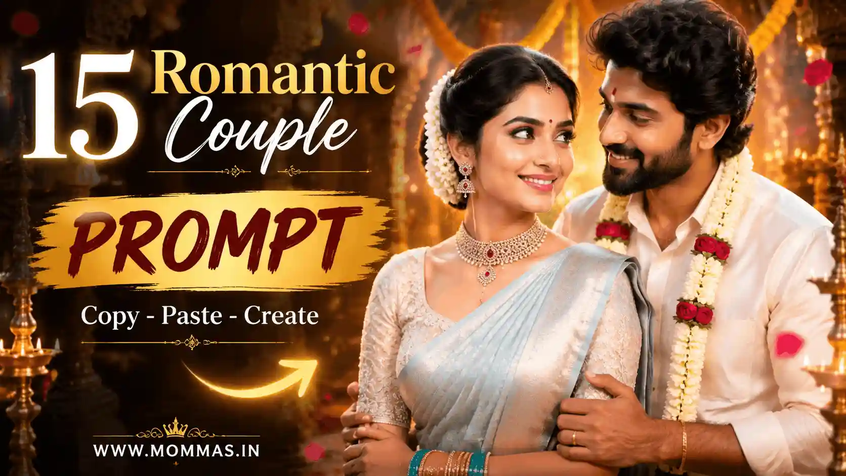 South Indian romantic wedding couple Gemini AI prompt collage with bride and groom in luxury traditional style