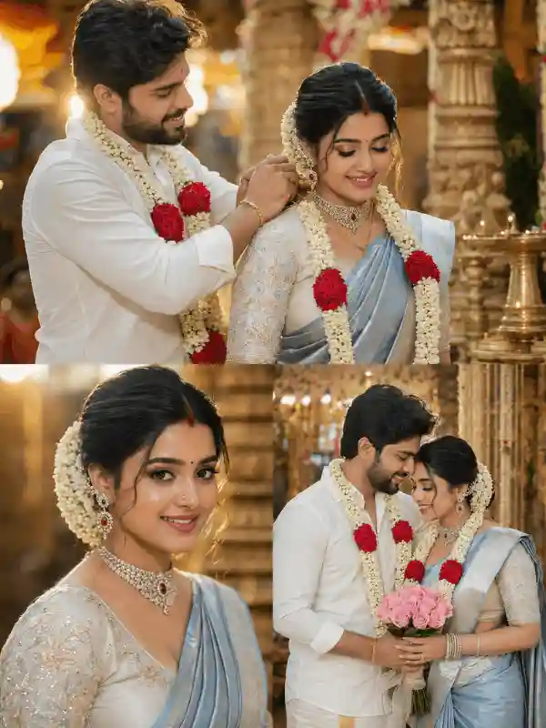 South Indian romantic wedding collage Gemini AI prompt with bride and groom