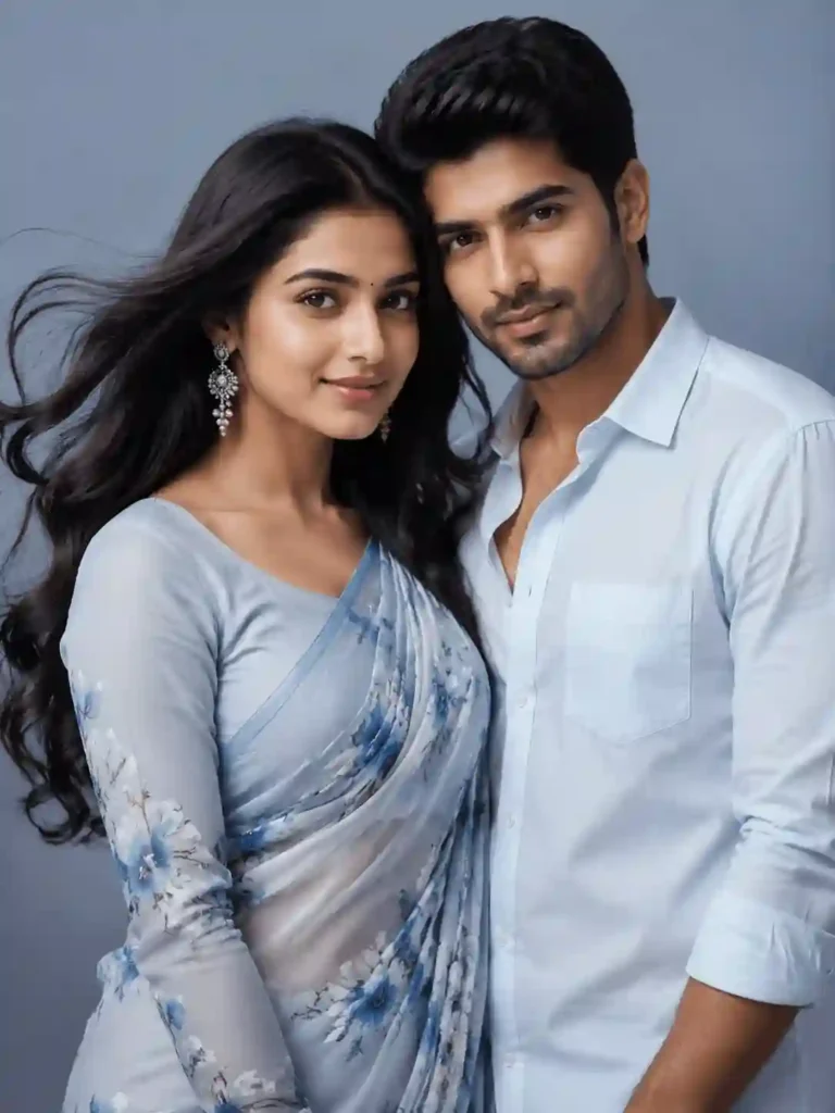 studio fashion couple gemini prompt.webp Studio-style young couple portrait in blue and white theme gemini prompt for couple