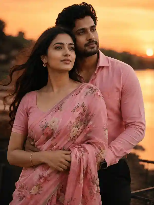 Sunset retro couple photo with pink sari and romantic Gemini AI prompt