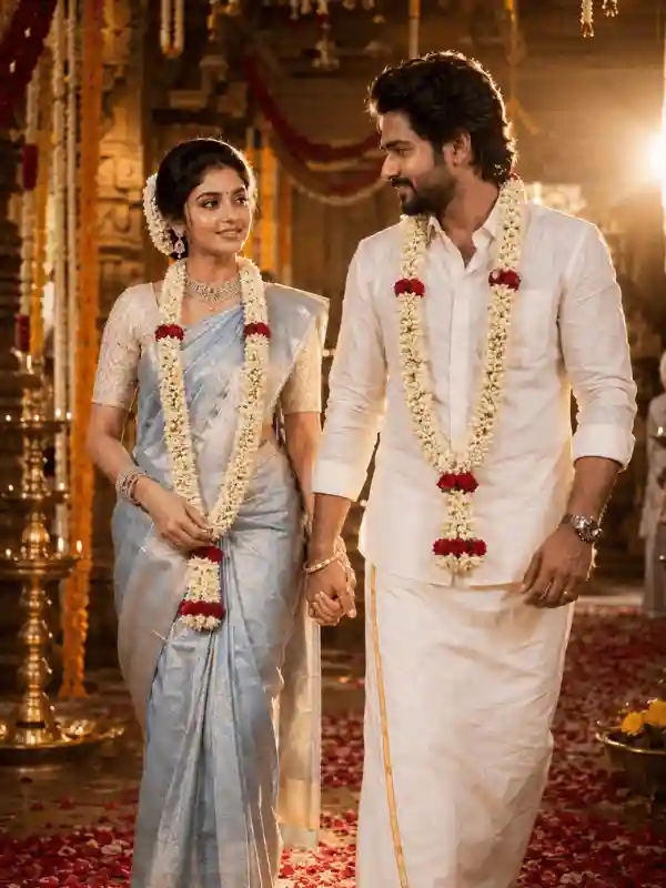 South Indian bride and groom walking in temple mandap romantic prompt