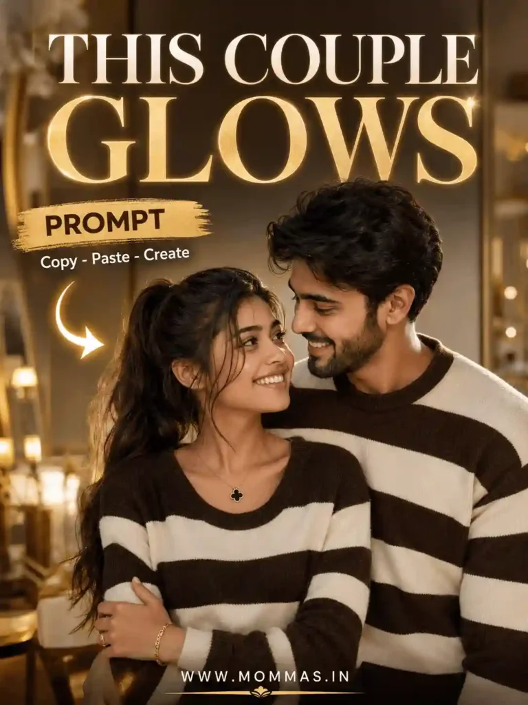 this couple glows romantic ai prompt Romantic couple wearing matching striped sweaters in This Couple Glows AI prompt poster