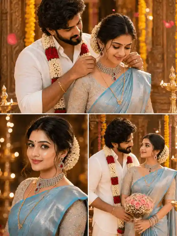 Three scene South Indian romantic wedding story Gemini AI prompt