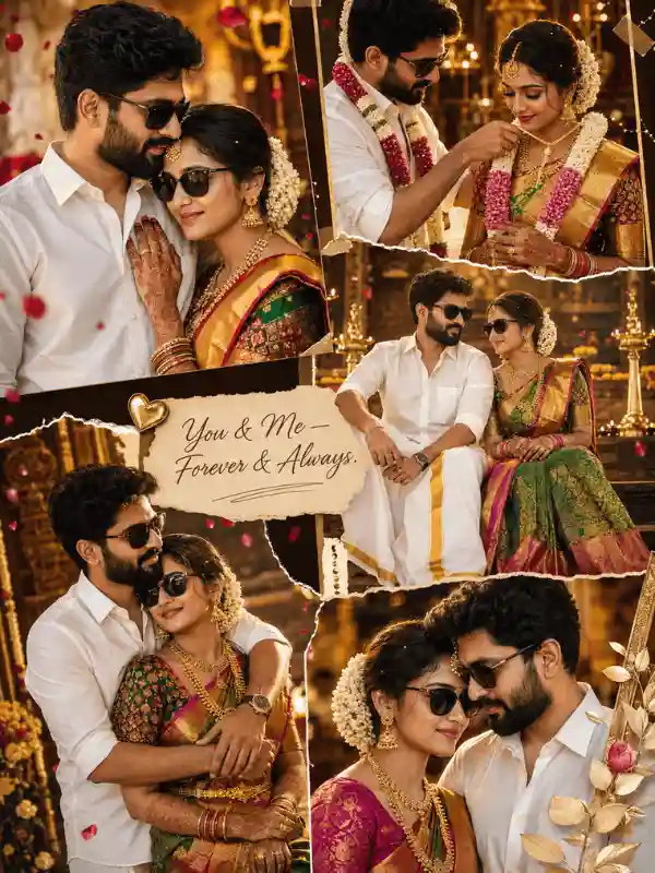 traditional wedding prompt for gemini collage romantic couple.webp Romantic collage of Indian couple in traditional wedding attire created using traditional wedding prompt for gemini
