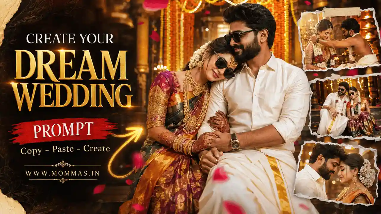 traditional wedding prompt for gemini featured banner dream wedding.webp Dream wedding banner image of Indian couple using traditional wedding prompt for gemini