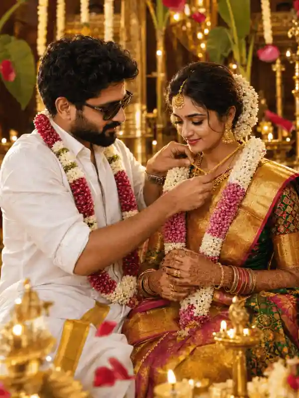 traditional wedding prompt for gemini necklace ritual moment.webp Bride and groom exchanging necklace during traditional wedding ceremony using traditional wedding prompt for gemini