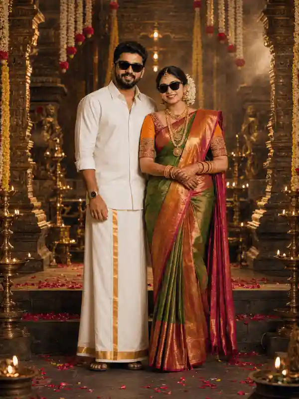 traditional wedding prompt for gemini portrait arm link.webp Bride leaning on groom arm in traditional wedding portrait using traditional wedding prompt for gemini