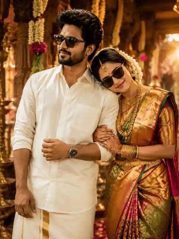traditional wedding prompt for gemini saree couple portrait.webp Elegant couple portrait in silk saree and white dhoti generated with traditional wedding prompt for gemini