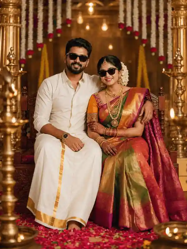 traditional wedding prompt for gemini sitting ceremony pose.webp Couple sitting together during wedding ceremony styled with traditional wedding prompt for gemini