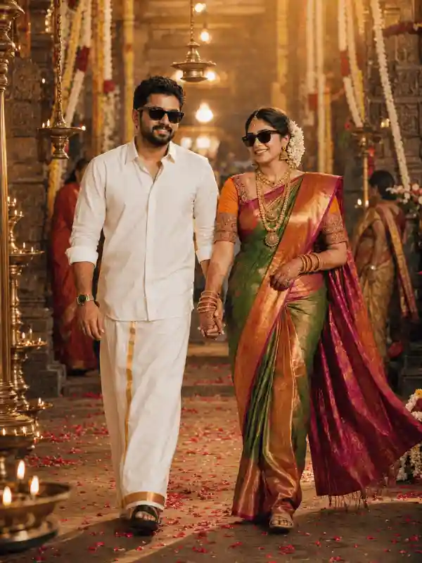 traditional wedding prompt for gemini smiling couple temple.webp Smiling Indian wedding couple standing in temple decorated setting from traditional wedding prompt for gemini