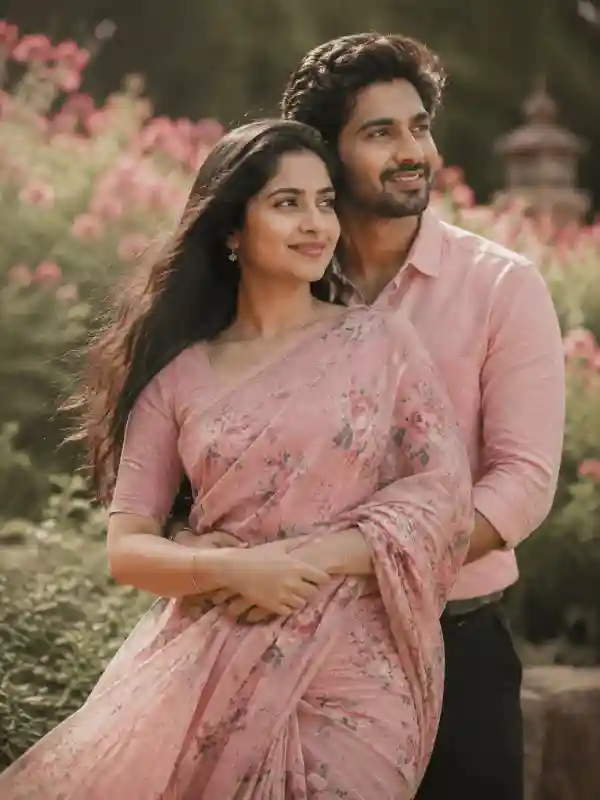 Vintage garden couple photo prompt with pink sari and romantic Gemini AI style