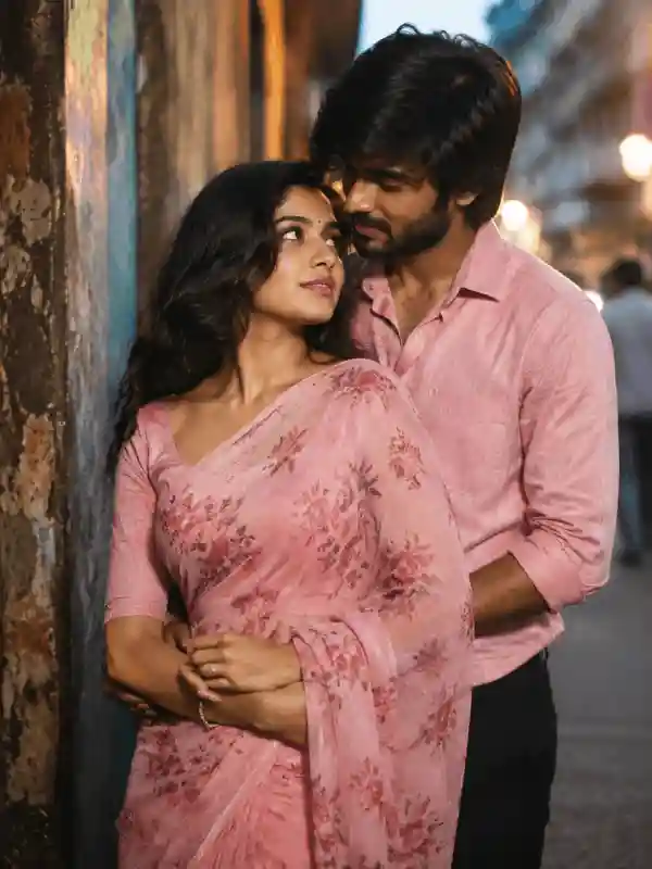 Vintage street couple portrait with pink sari and Gemini AI retro prompt