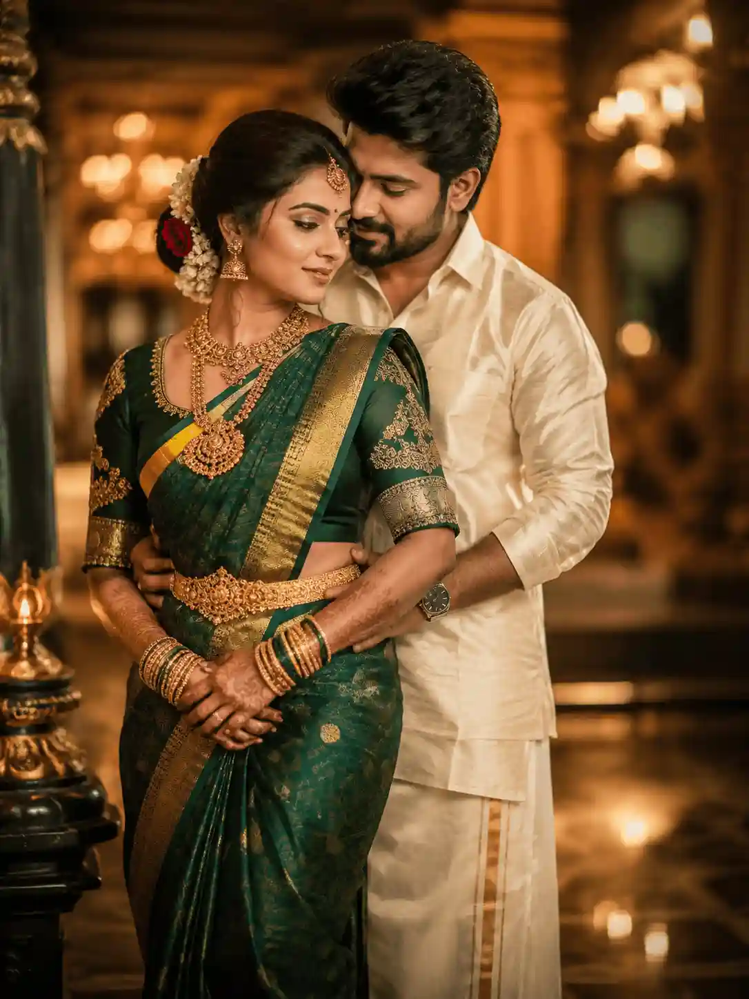 vogue style couple portrait prompt.webp Vogue style South Indian couple prompt for Gemini with luxury wedding mood