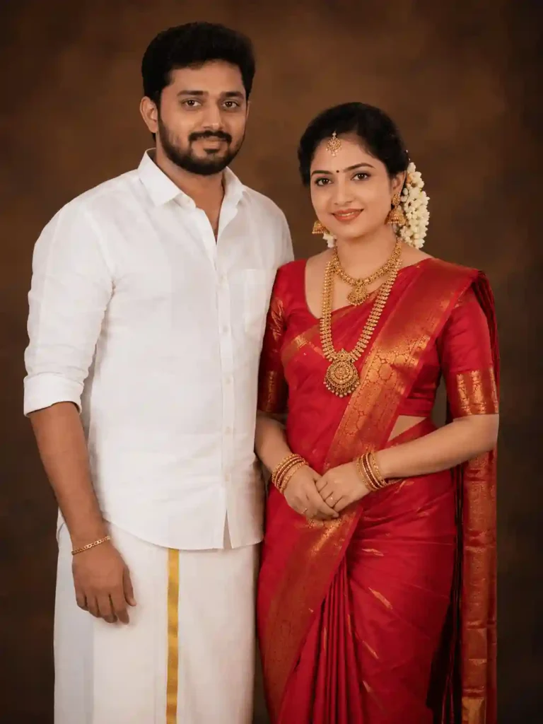 warm brown studio couple portrait.webp Warm brown studio South Indian couple portrait in traditional dress