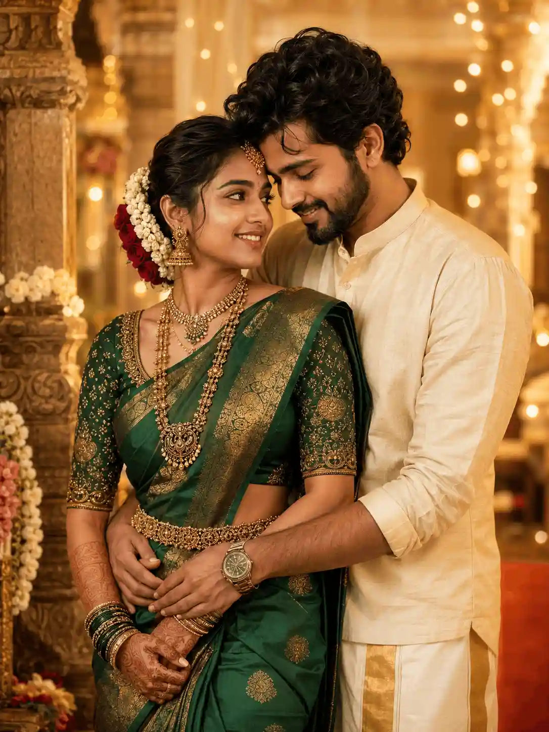 warm golden pre wedding couple prompt.webp Warm golden South Indian pre-wedding Gemini prompt with cinematic glow